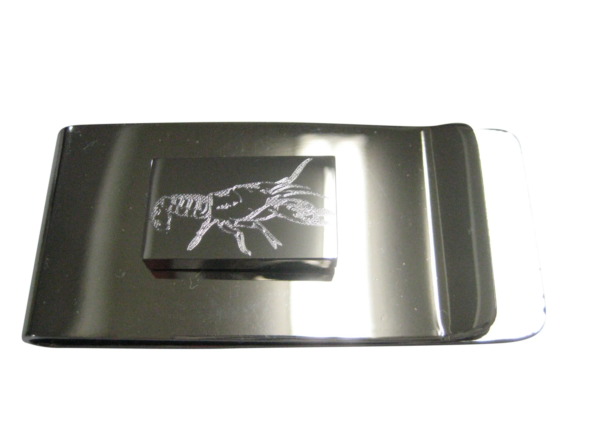 Silver Toned Rectangular Etched Crayfish Crawfish Crawdad Money Clip