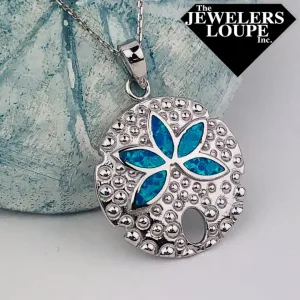 Sterling Silver Created Blue Opal Inlay Sand Dollar Necklace (91304)