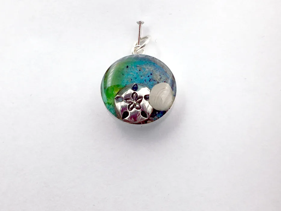Sterling silver small 15mm Round Pendant with Shells, Sand, Starfish, Shipbottom, New Jersey, 28th Ave Beach, tide pool, comber