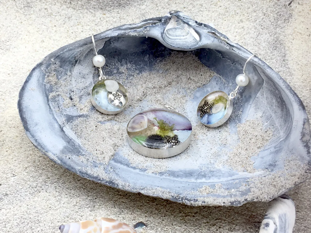 Sterling silver starfish, sanddollar, sand, sea plant and seashell earrings-ocean- sea shell,beach,shore, beach comber, tidepool,  tide pool, alcohol ink, LBI, New Jersey, shore