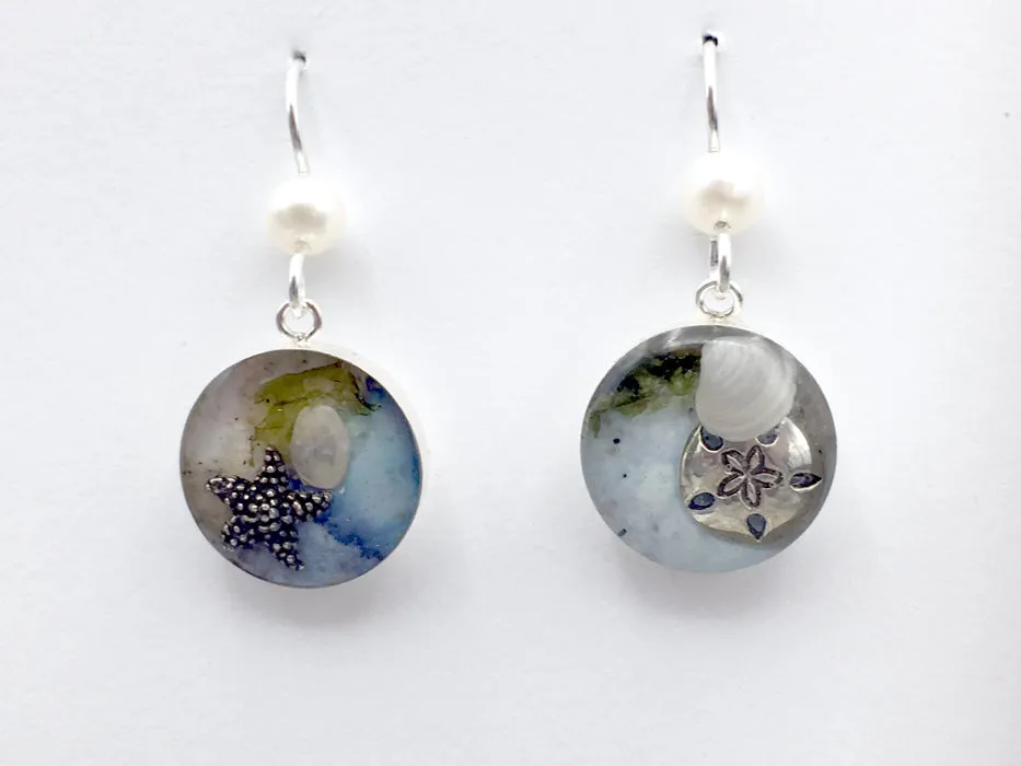 Sterling silver starfish, sanddollar, sand, sea plant and seashell earrings-ocean- sea shell,beach,shore, beach comber, tidepool,  tide pool, alcohol ink, LBI, New Jersey, shore
