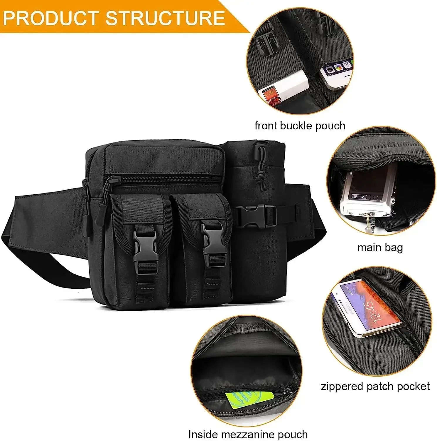 Tactical Waterproof Waist Bag with Bottle Holder, Convertible to Shoulder Pack, Ideal for Outdoor and Hiking Use