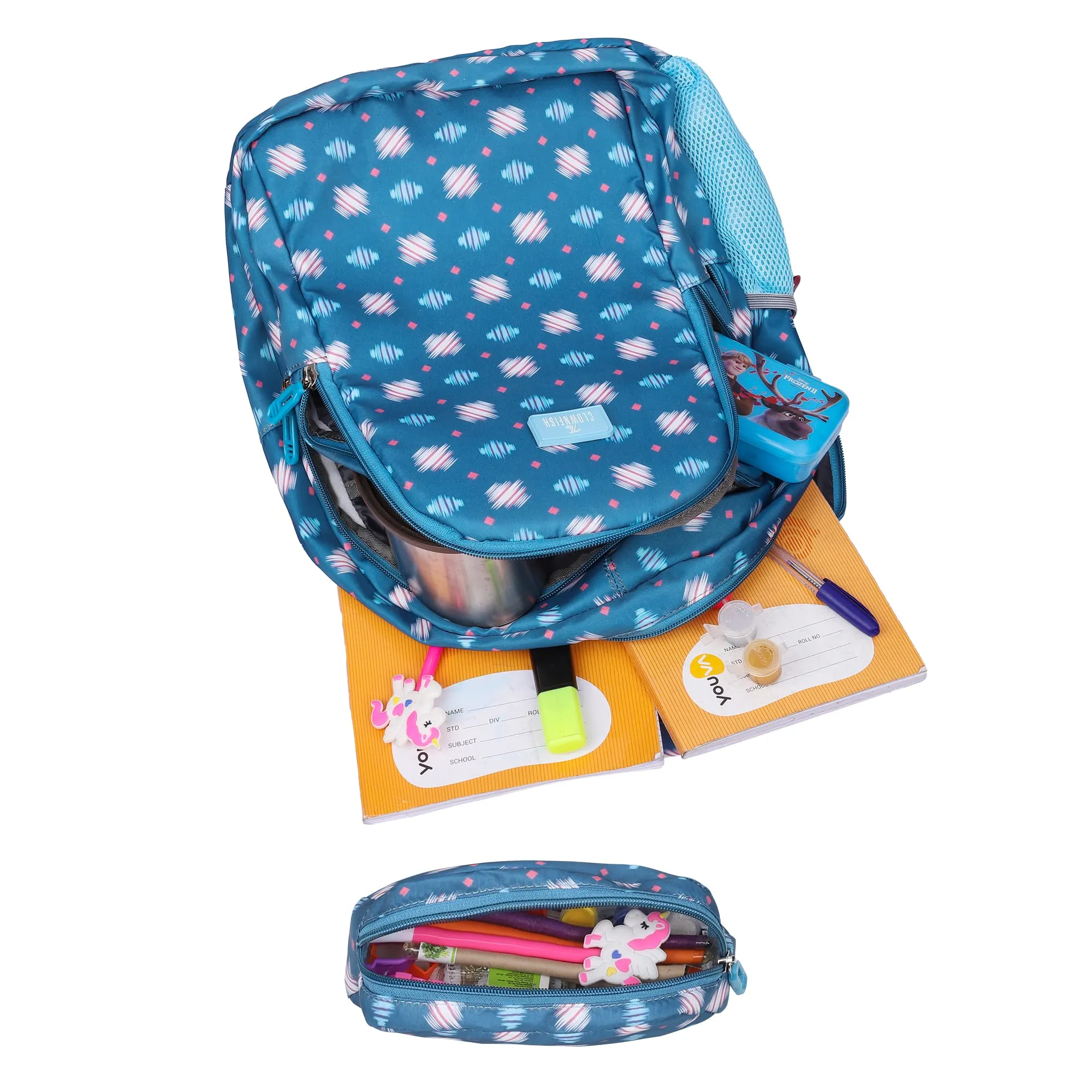 THE CLOWNFISH Scholastic Series Printed Polyester 30 L School Standard Backpack With Pencil/Staionery Pouch School Bag Daypack Picnic Bag For School Going Boys & Girls Age 8-10 Years (Cerulean Blue)