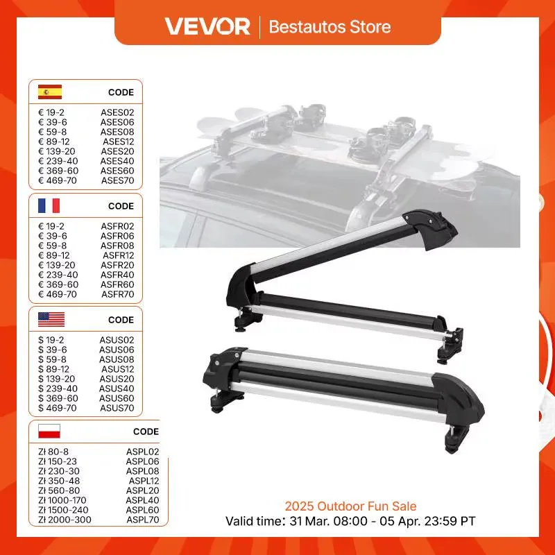 VEVOR Ski and Snowboard Roof Rack 31.7-Inch Universal Ski Rack for Car Roof Fit Most Crossbars Carry up to 6 Pairs of Snowboards