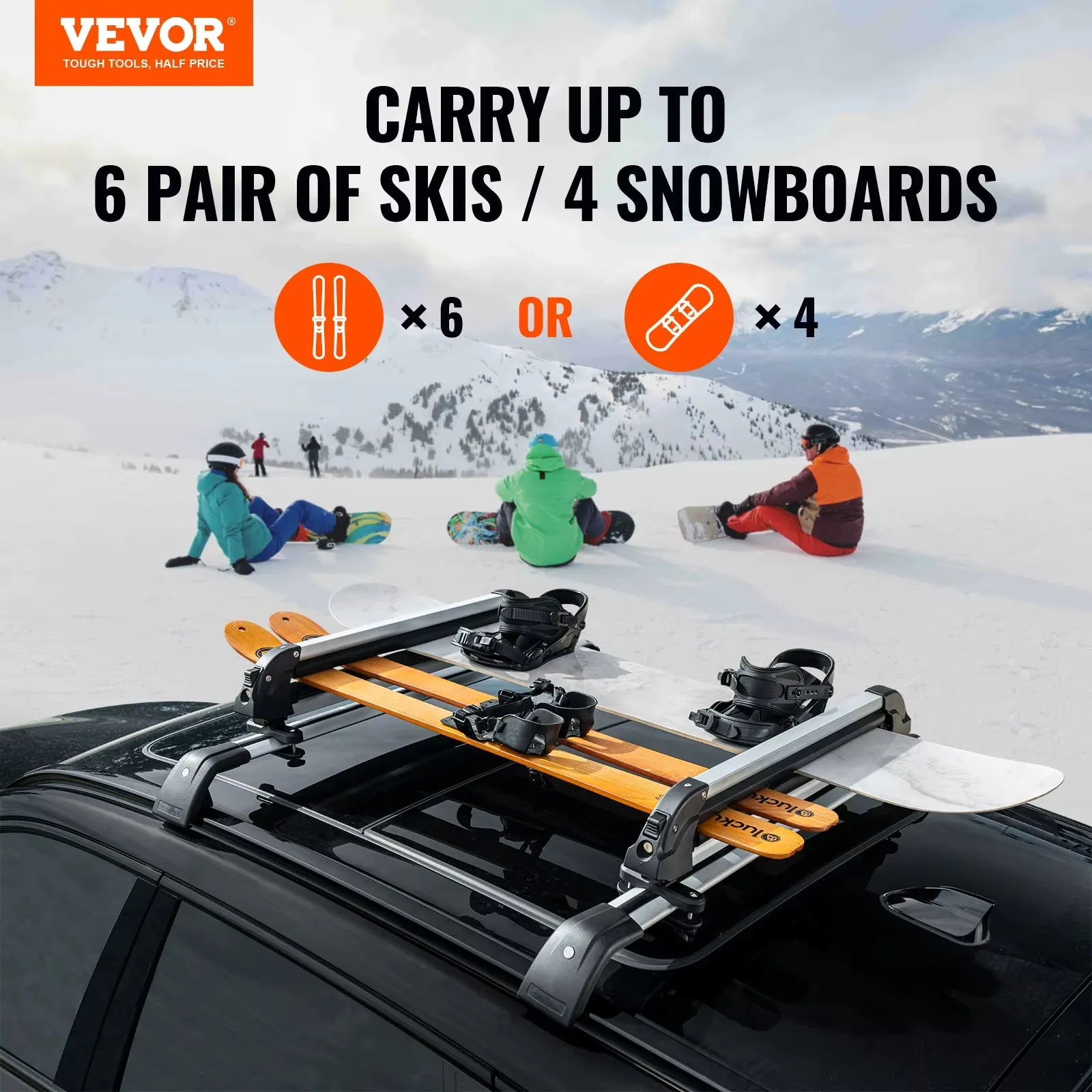 VEVOR Ski and Snowboard Roof Rack 31.7-Inch Universal Ski Rack for Car Roof Fit Most Crossbars Carry up to 6 Pairs of Snowboards