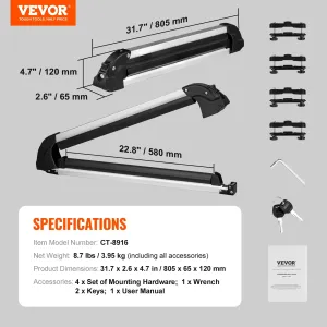 VEVOR Ski and Snowboard Roof Rack 31.7-Inch Universal Ski Rack for Car Roof Fit Most Crossbars Carry up to 6 Pairs of Snowboards